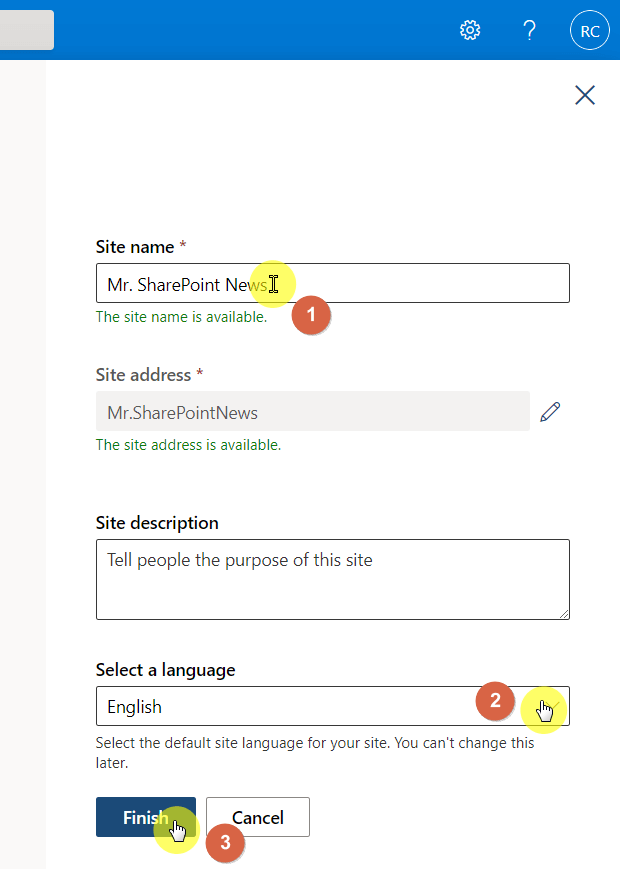 Complete the required information for the communication site