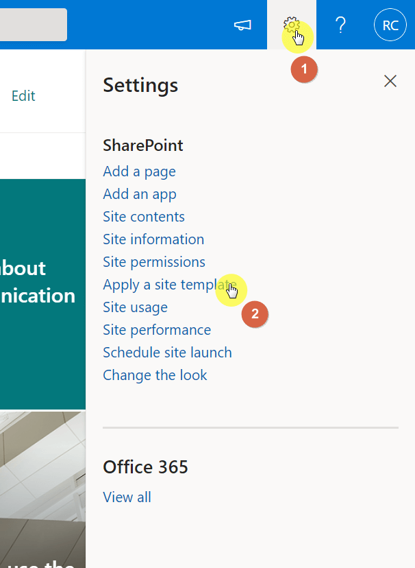 Apply a site template option on the settings panel