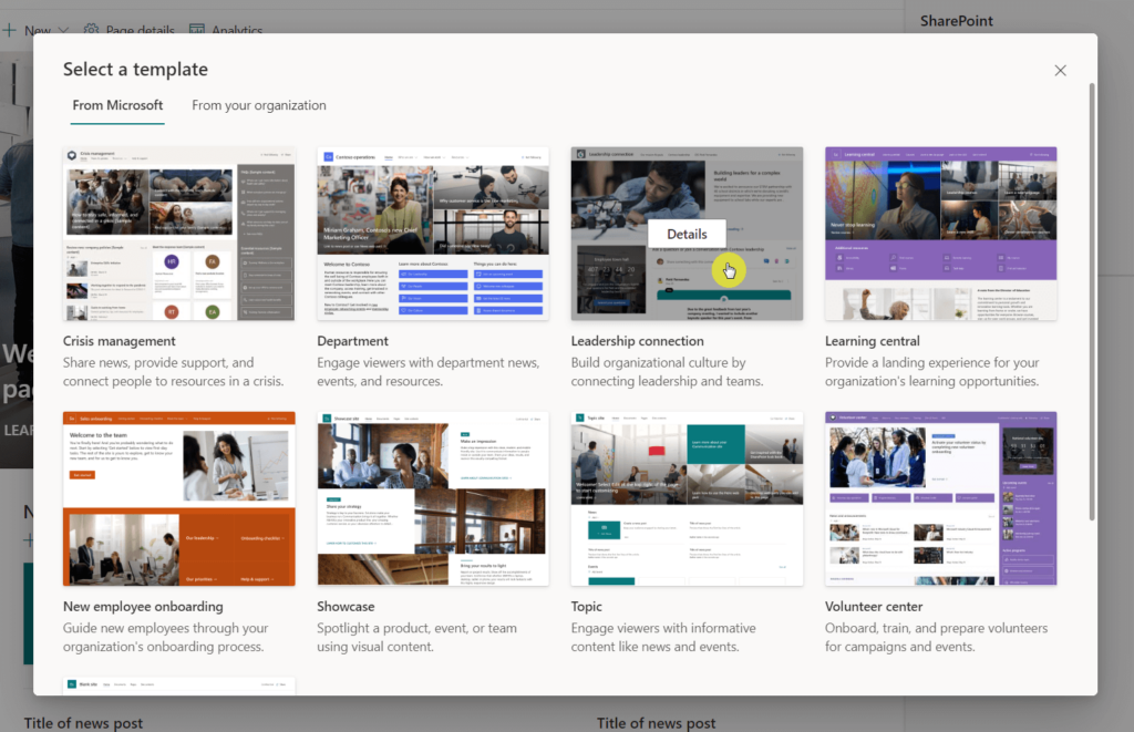 Select a site template from the list