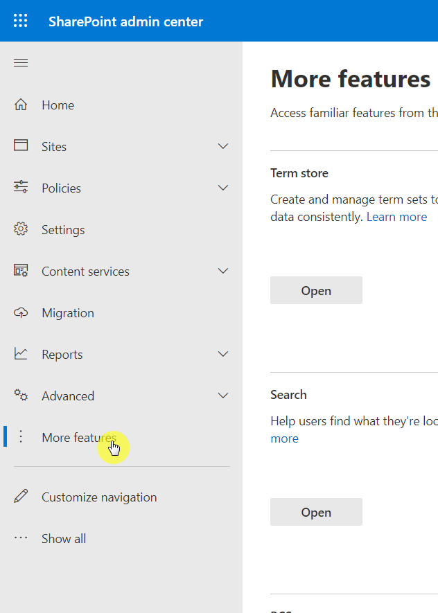 More features option in the admin center