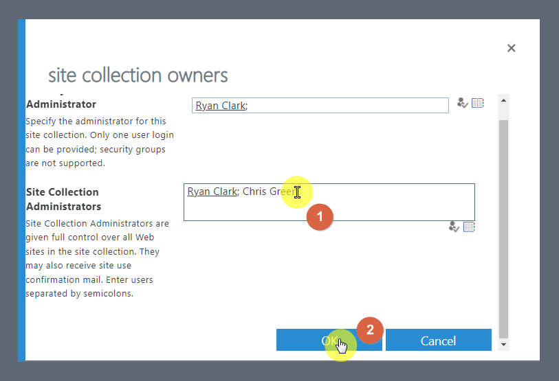 Add a new site collection administrator from user profiles