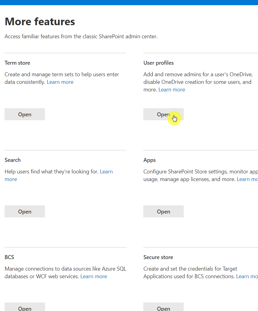 Open user profiles feature in the admin center