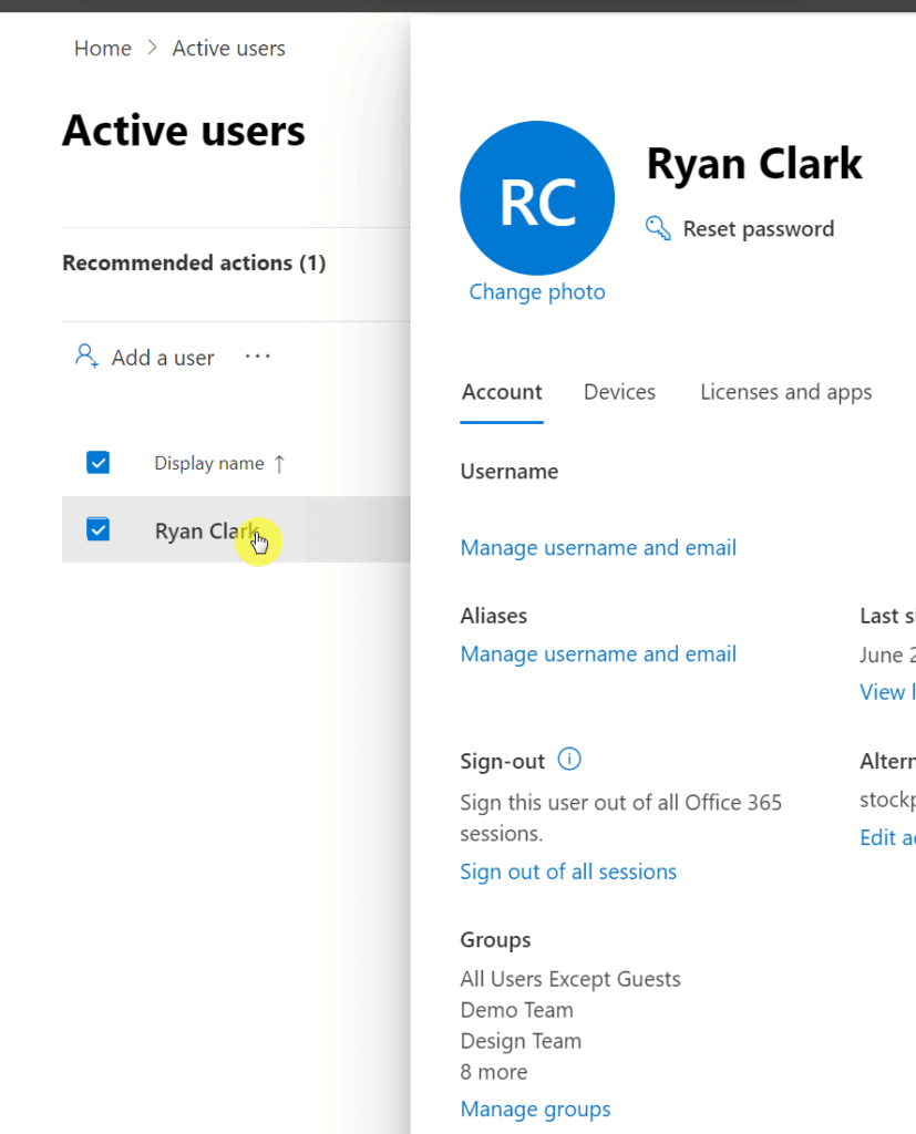 Find user account from the active users page