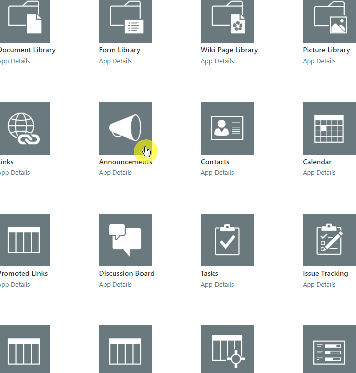 The announcements web part in the app list