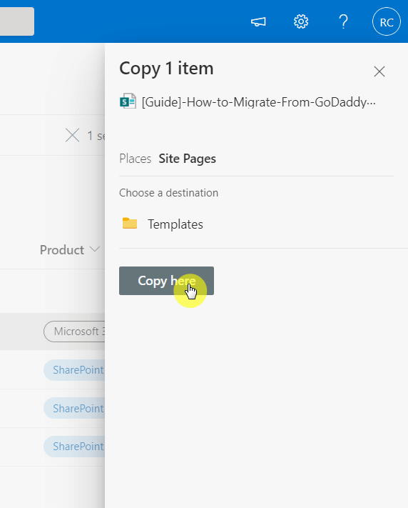 Copy here button for duplicating pages