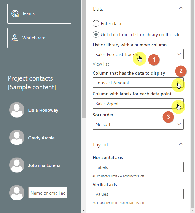 Quick chart data and column label options
