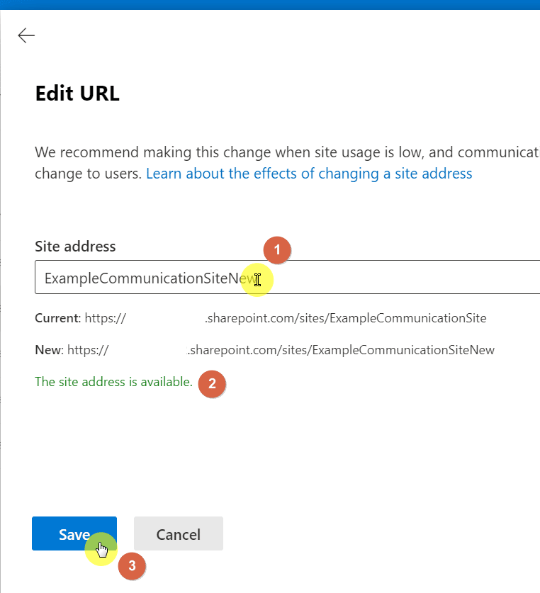 Save new site address
