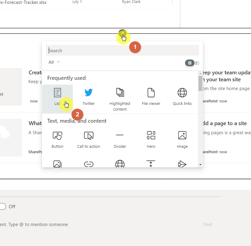 Find and click the list web part