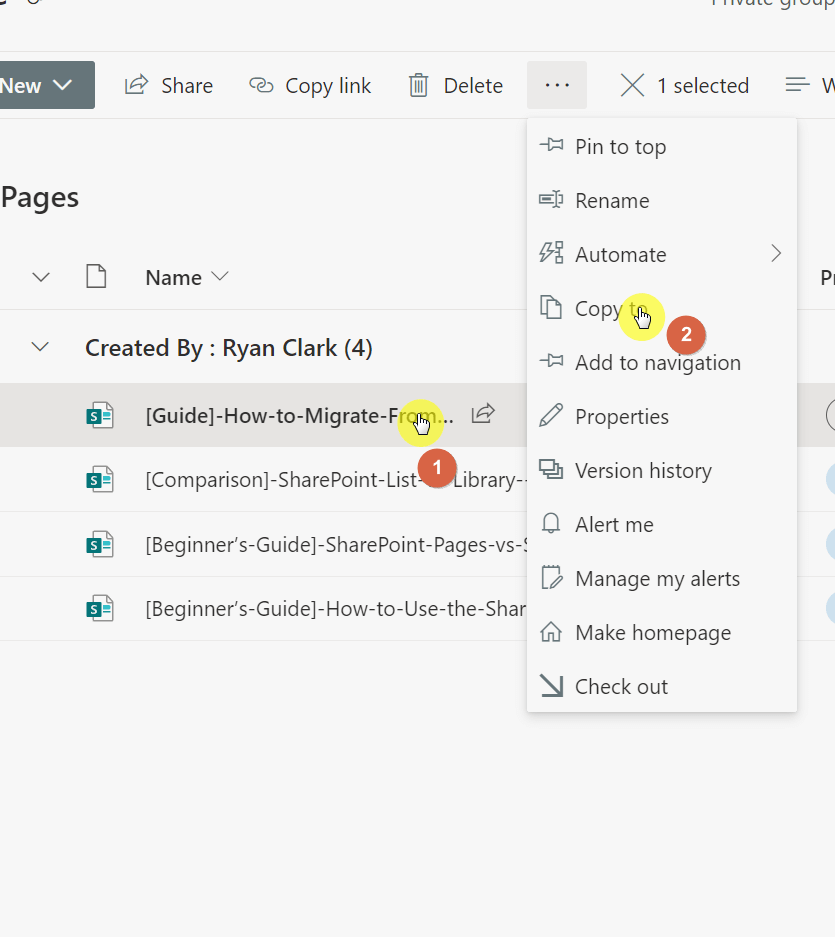 Copy to button for a selected page