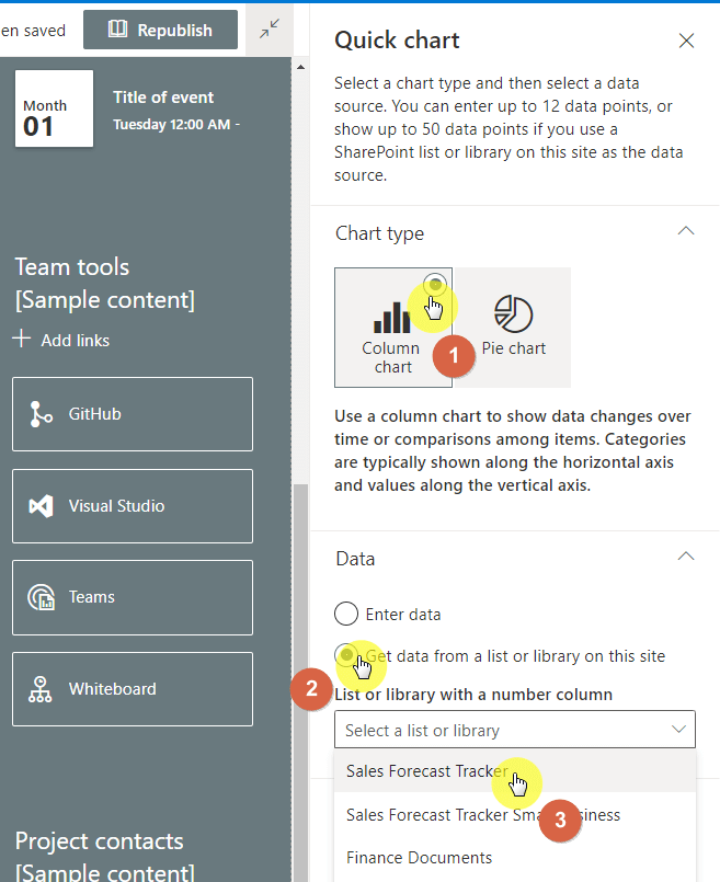 Quick chart type and data options