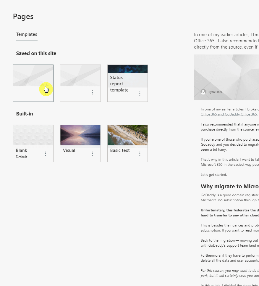 Create a new page from a saved template