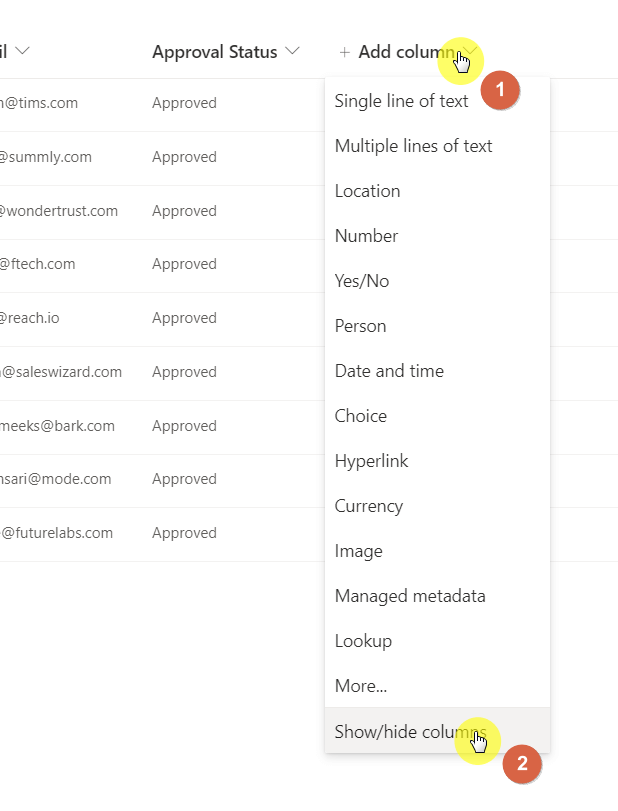 Add column > Show/hide columns