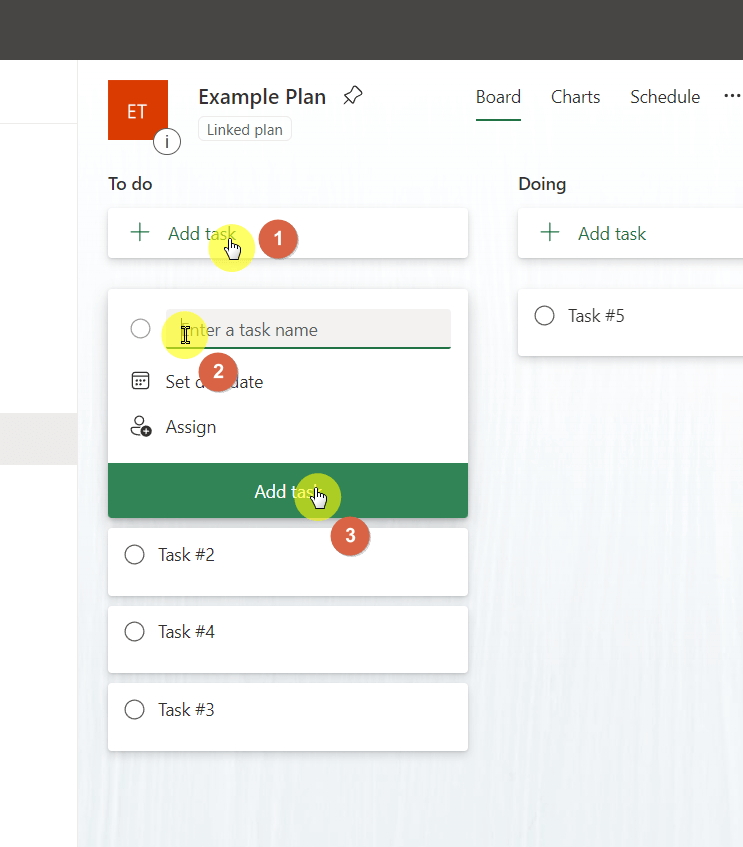 Add task button on Microsoft Planner