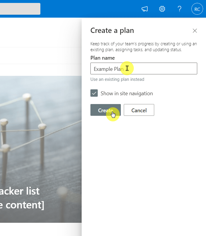 Plan name and create button