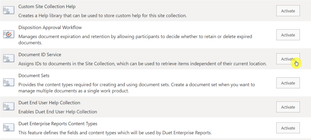 Activate button for the document ID service
