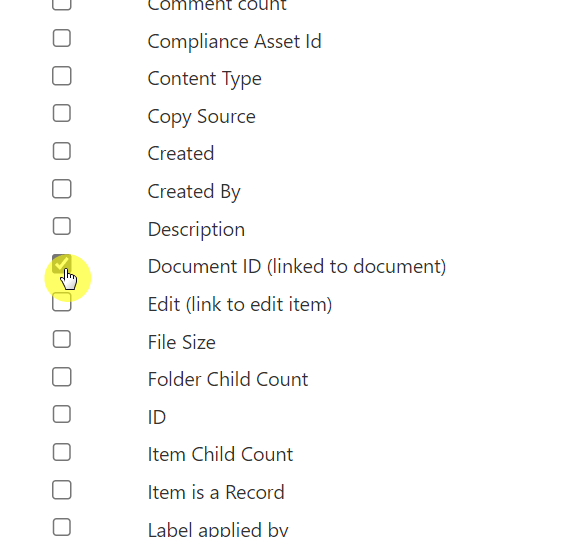 Document ID column (linked to document)