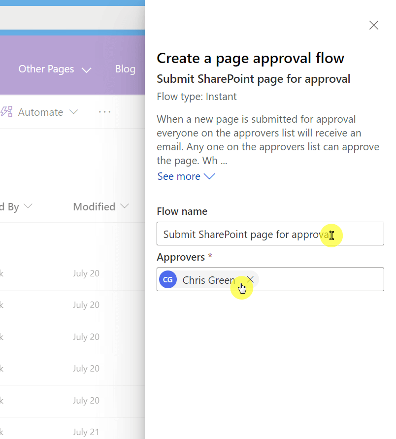Continue with the flow name and approvers