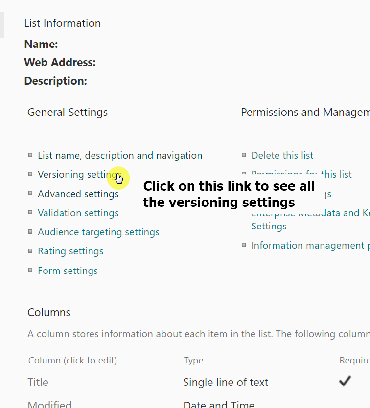 Versioning settings