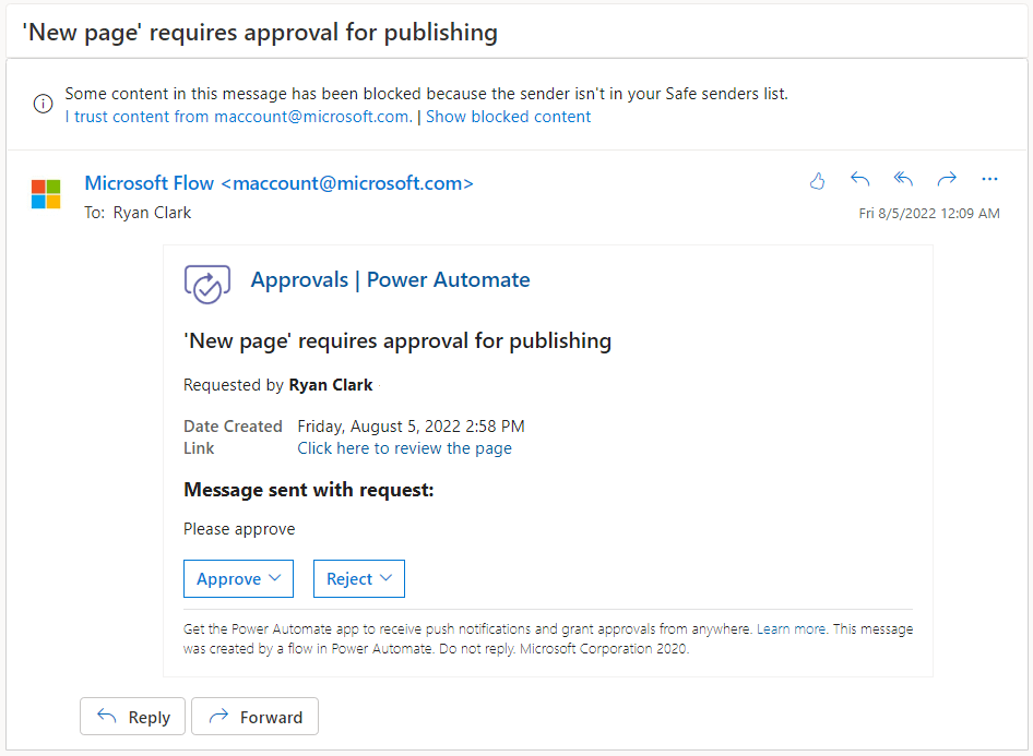Approval flow email notification