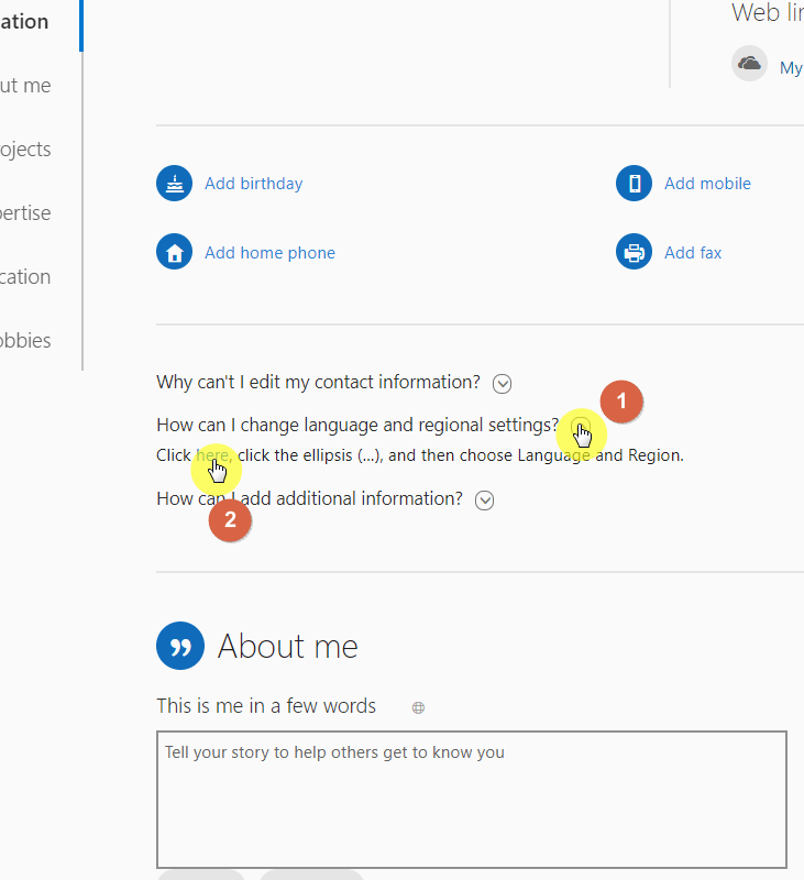 Link to regional settings in Delve