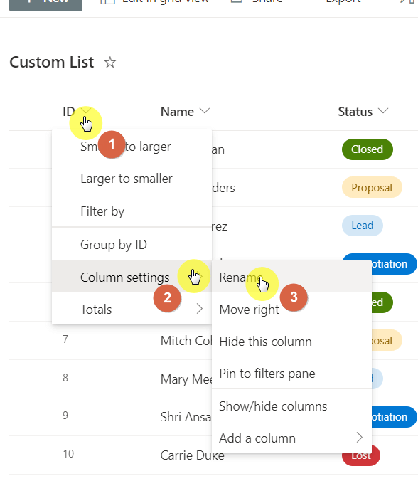 ID > Column settings > Rename