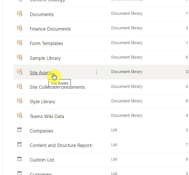Site assets under site contents in an example team site