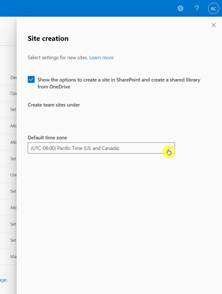 Default timezone in site creation