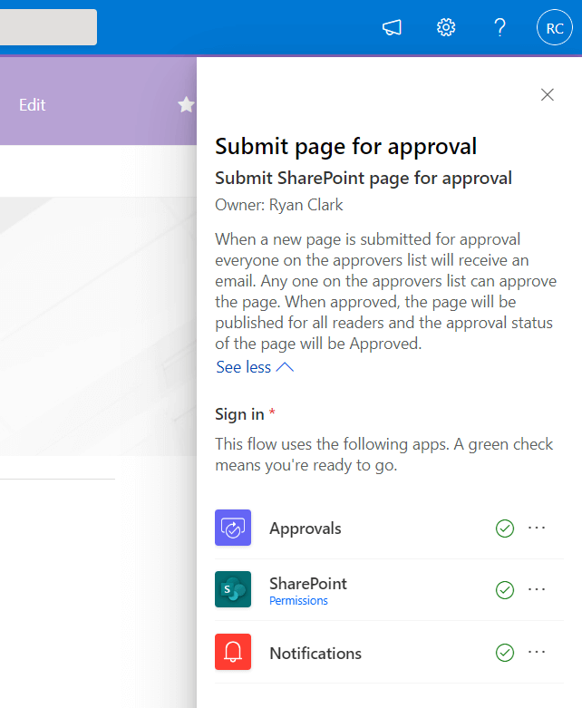 Continue submitting the page for approval
