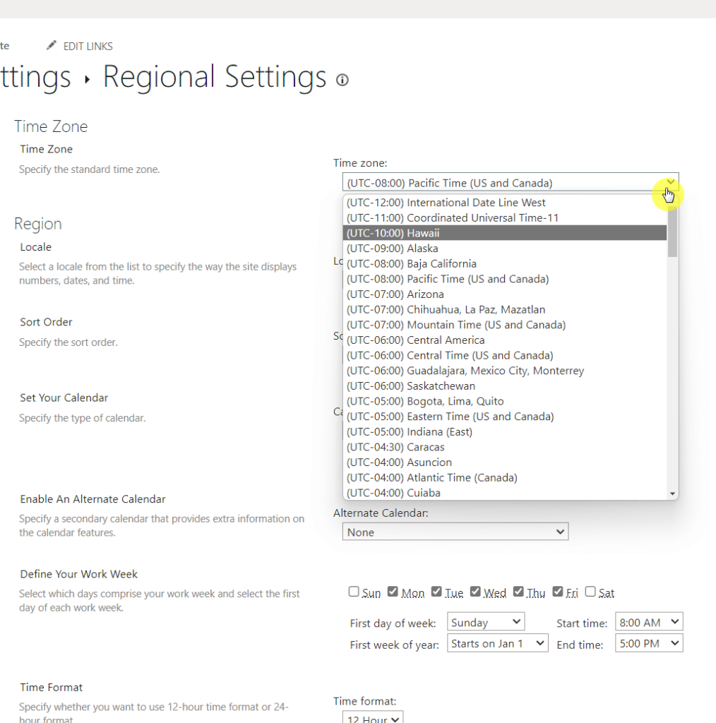 Changing the timezone in regional settings