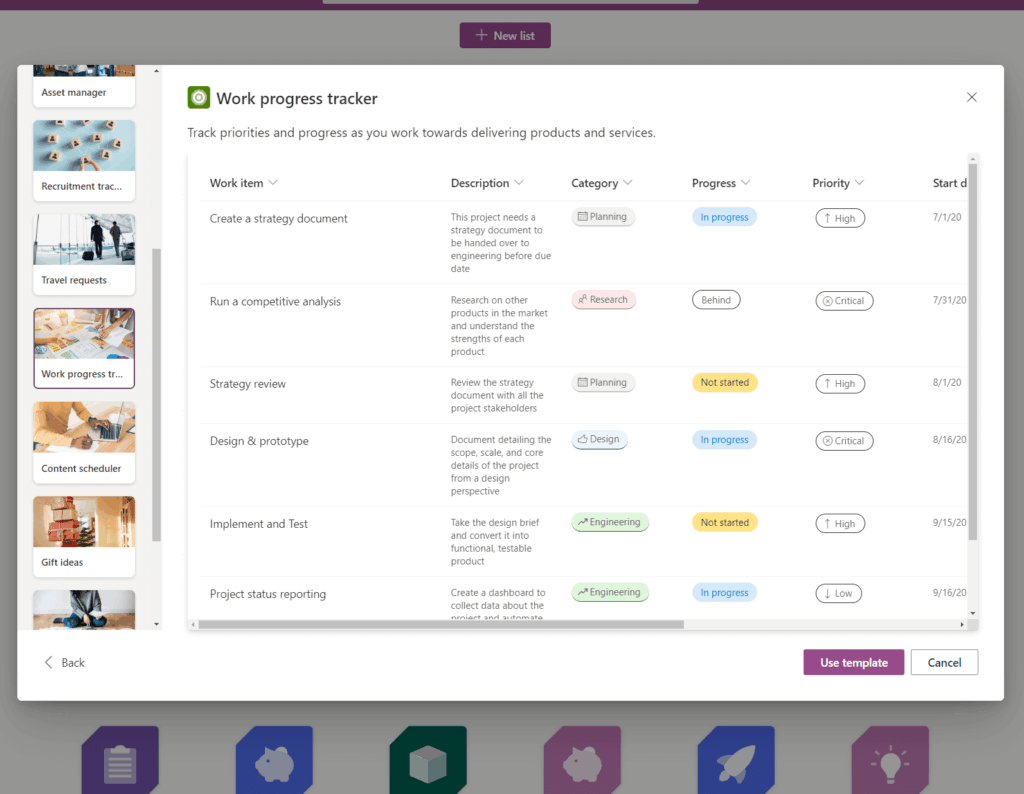 Use work progress tracker template