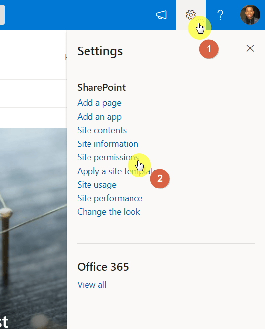 Site permissions from the gear icon