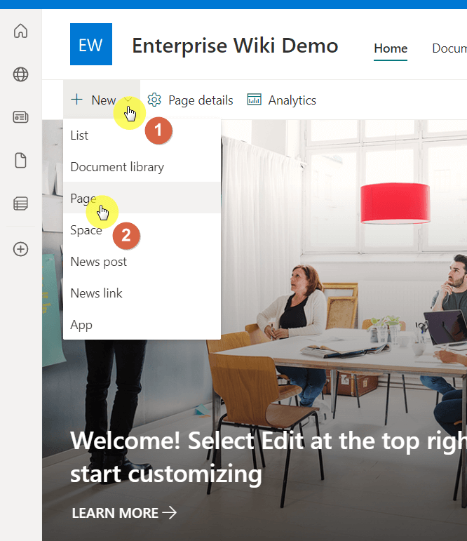 New page button in the homepage