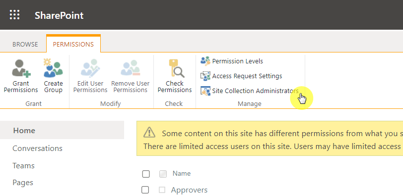 Site collection administrators permissions