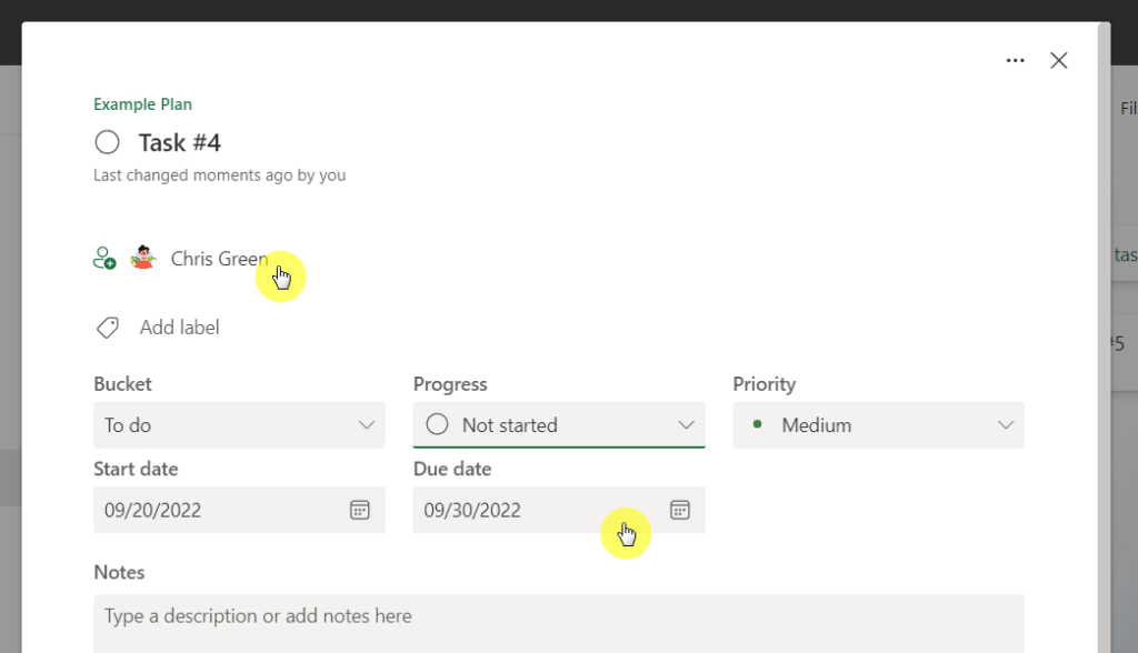 Assigned to and due date fields in Microsoft Planner
