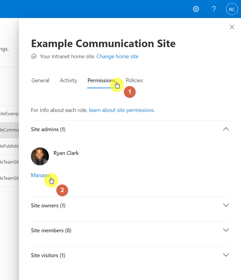 Permissions settings of a SharePoint site