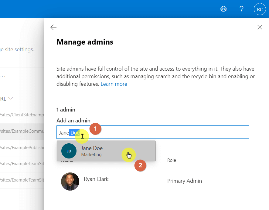 Add a new admin to the SharePoint site