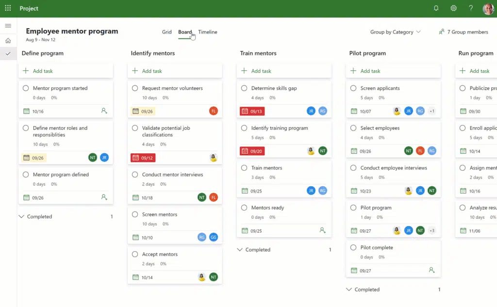 Board view in Project for the Web