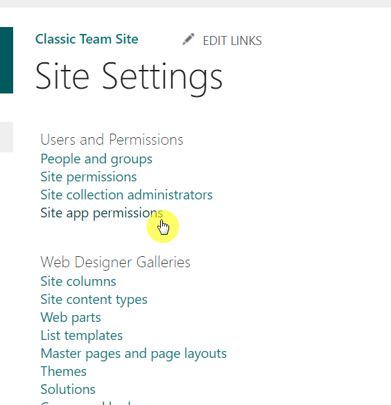Site app permissions below users and permissions