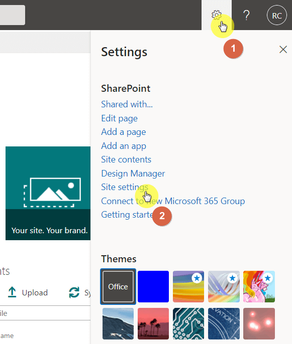 Site settings from the gear icon