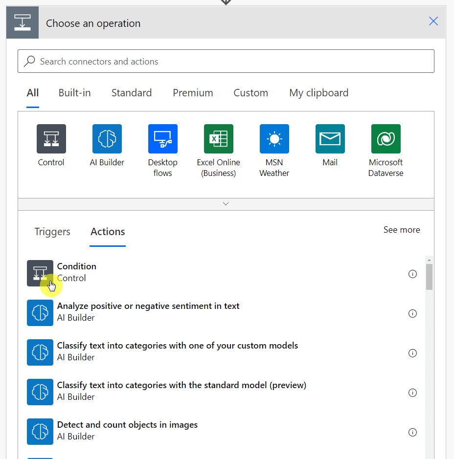 Select the condition action