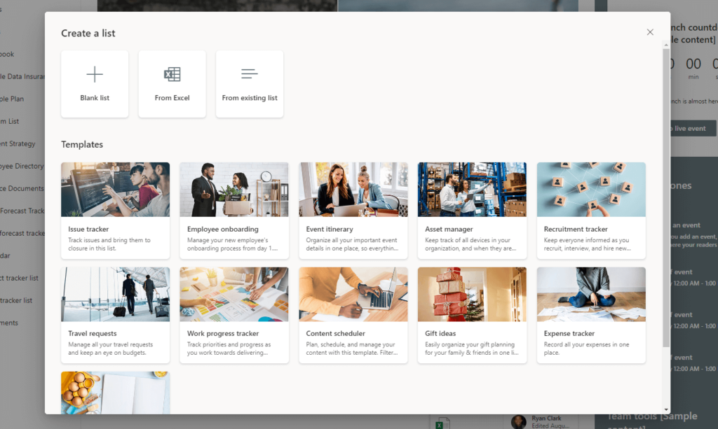 List creation options in SharePoint