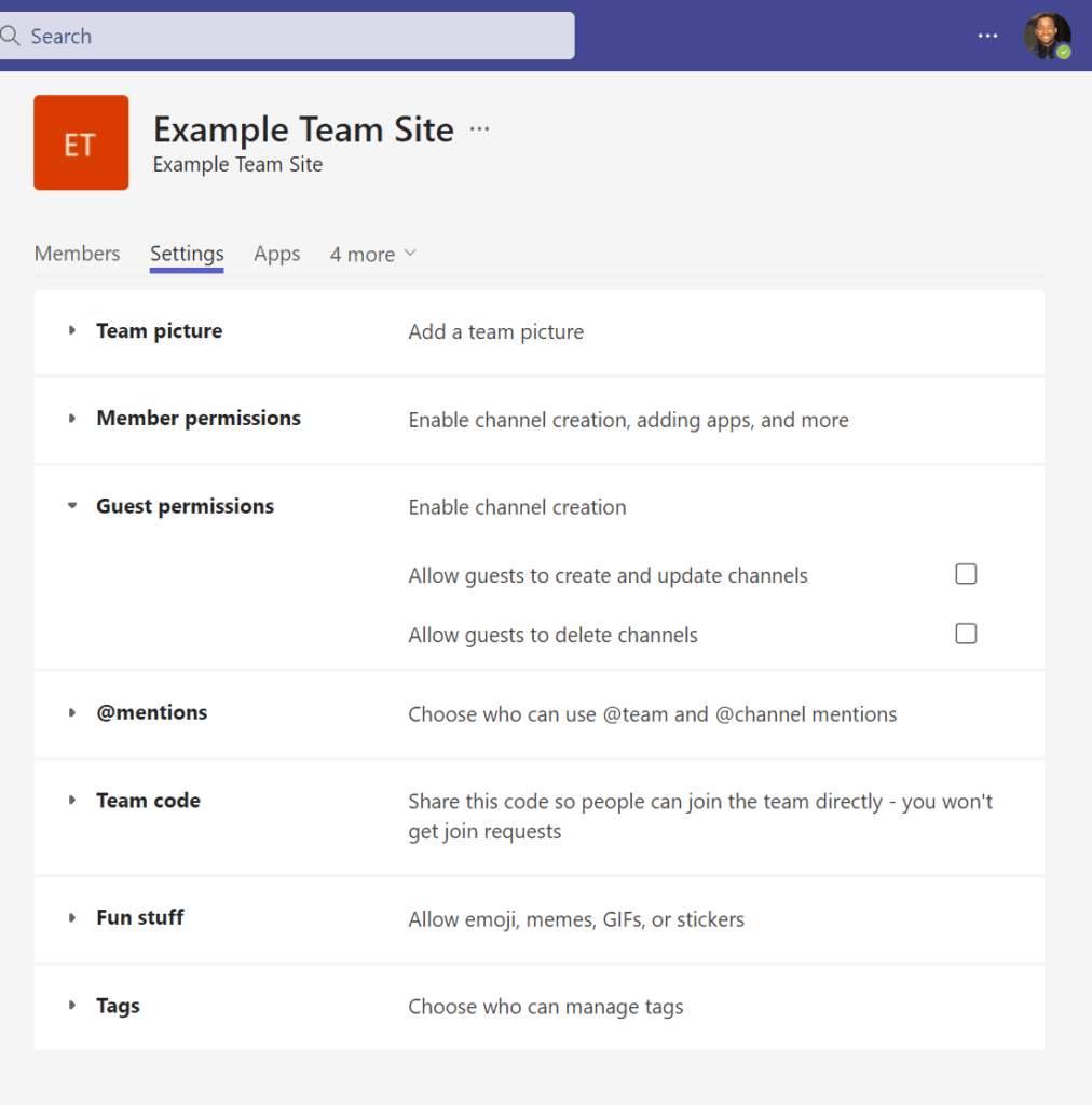 Guest permissions in team settings