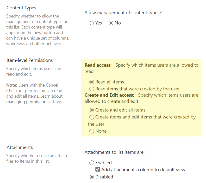 Item-level permissions settings