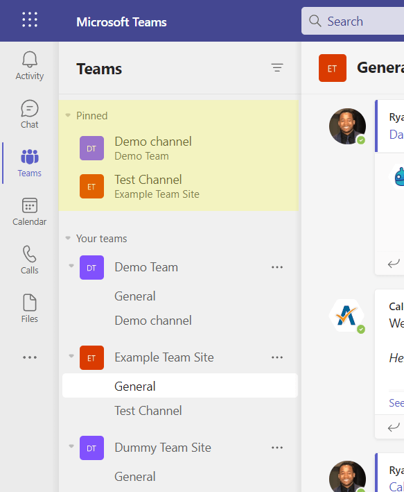 Pinned section in Microsoft Teams