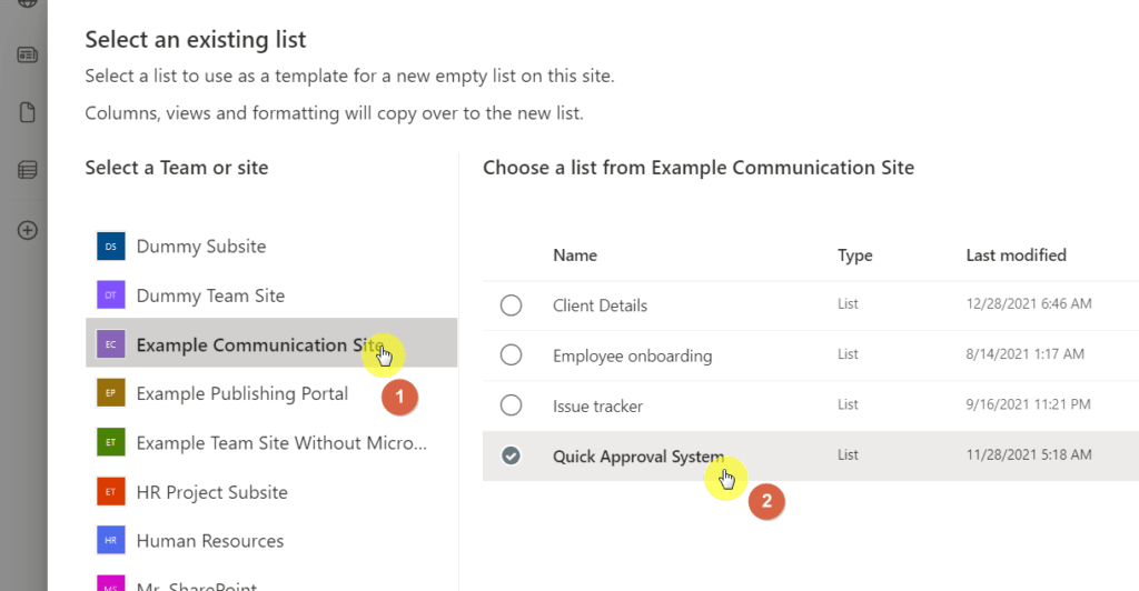 Specify the source site and list