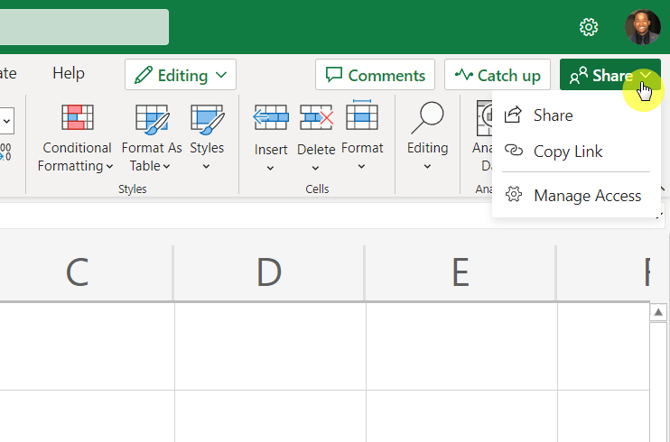 Share button in Excel Online