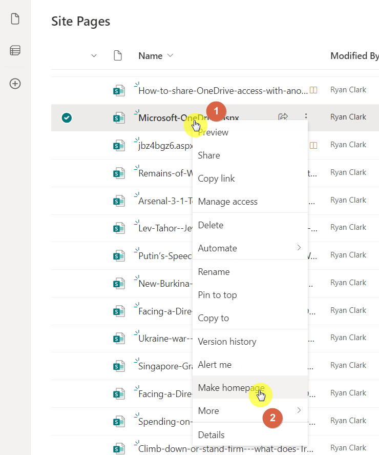 Right-click page options: Make homepage