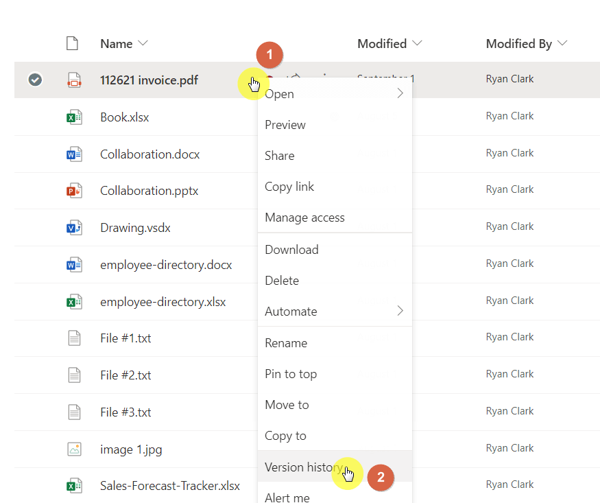 Right-click the file and select version history