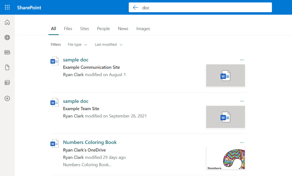 Search results from start page search