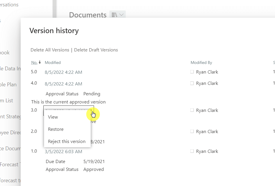 Click on a specific file version